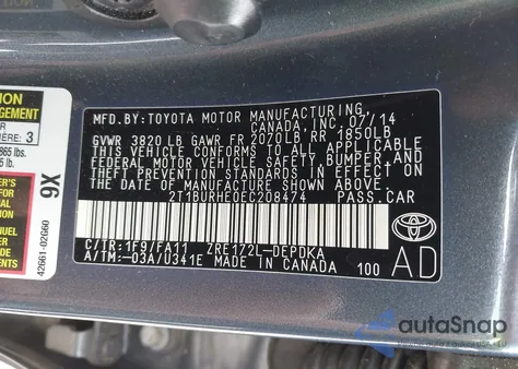 2014 Toyota Corolla L из США, поврежденный, VIN 2T1BURHE0EC208474